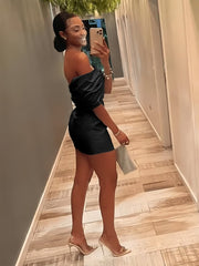 Black - Off The Shoulder Satin Bodycon Short Homecoming Dress With Beading